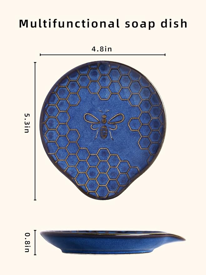 Ceramic Soap Dish, Set of 2 Bar Soap Holder, Shower Soap Dish Soap Saver Tray for Bathroom Kitchen Sink, Stylish and Easy to Clean (Vintage Blue)