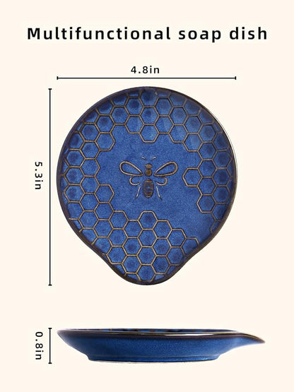 Ceramic Soap Dish, Set of 2 Bar Soap Holder, Shower Soap Dish Soap Saver Tray for Bathroom Kitchen Sink, Stylish and Easy to Clean (Vintage Blue)