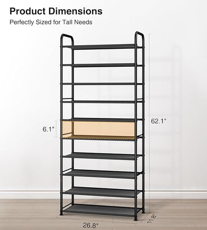 STO STO 10-Tier Shoe Rack with Sturdy Mesh Shelves, Tall Metal Shoe Organizer for Entryway, Closet, Garage, Front Door, Holds 30 Pairs, Free Standing Large Shoe Storage Shelf, Adjustable Feet, Black