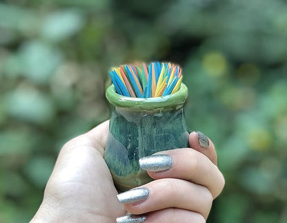Small Pottery Toothpick Holder, Ceramic Vase, Green Apple with Blue Swirl