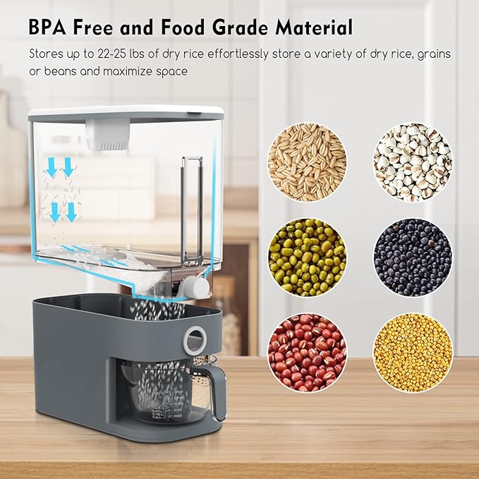 VenDotbi Rice Dispenser, 22-25 Lbs Rice Container with Measuring Cup, Upgraded Built-in Fresh Box, Cereal Dispenser Storage with Lids for Home Kitchen Pantry Rice Soybean Corn-Grey