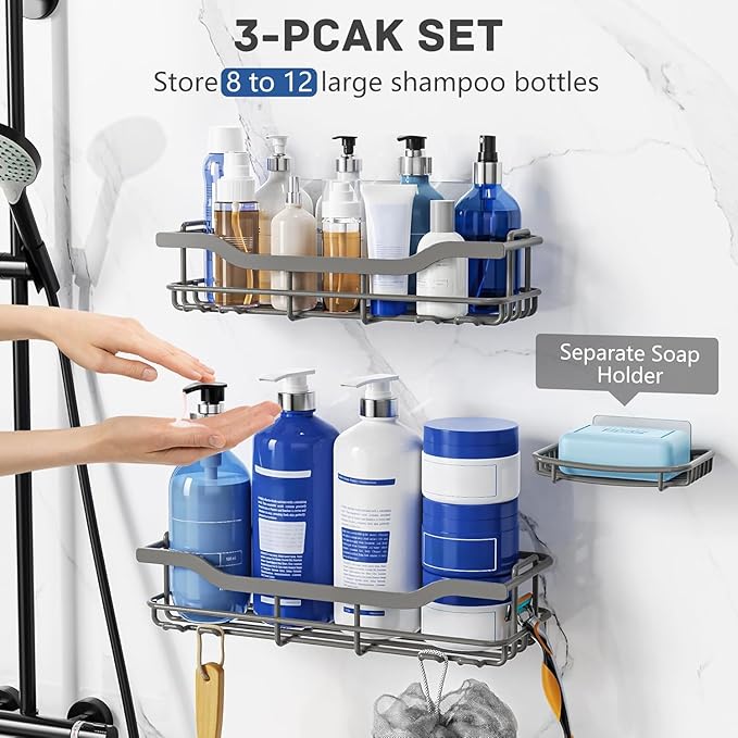 OMAIRA 3-Pack Shower Caddy with Soap Holder, Adhesive Rustproof No-drill Strudy Loading Inside Shower Organizer Shelves Rack Storage Bathroom Organization for Smooth Wall Glass Tile, Grey (X-Large)