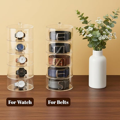 ZENFUN 5 Layers Acrylic Belt Organizer, Stackable Belt Storage Box Clear Display Case Vanity Organizer for Watch, Hair Accessories, Jewelry, Closet and Drawer, 2.6" H x 5.5" Dia