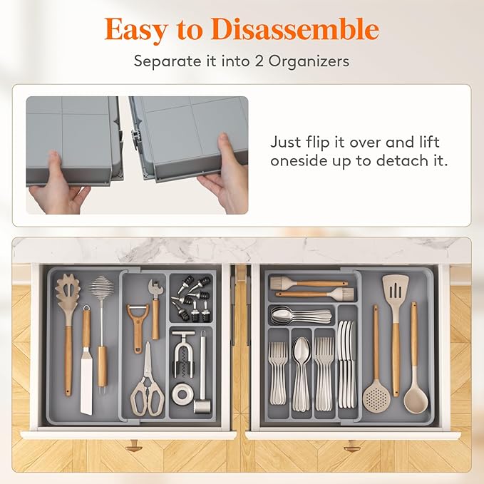 Lifewit Utensil Organizer for Kitchen Drawer, Expandable Cooking Silverware Tray, Adjustable Cutlery Flatware Holder, Plastic Spatula Tools Storage Divider, 21.3- 36 x 16.9", Gray