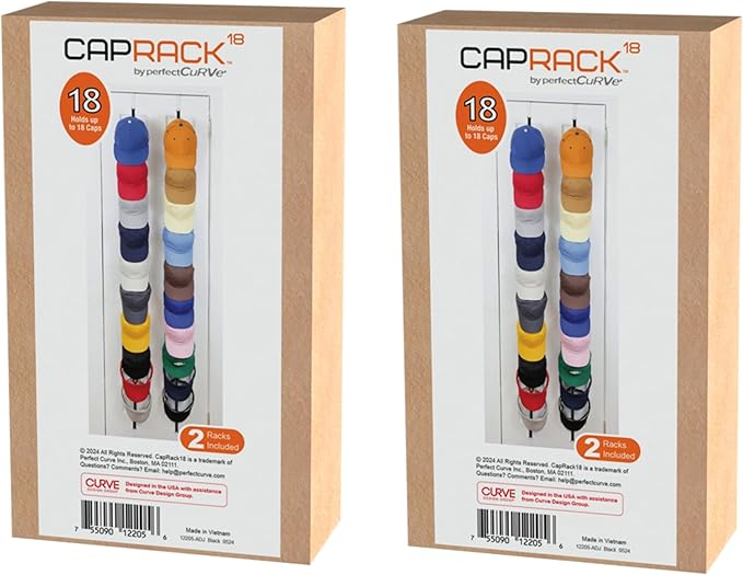 Perfect Curve Hat Organizer CapRack 2-Pack | Over-The-Door Hat Rack and Organizer | Baseball Cap Rack | Hat Rack for Door | 4 Straps | Holds 36 to 72 Adjustable Caps |Black