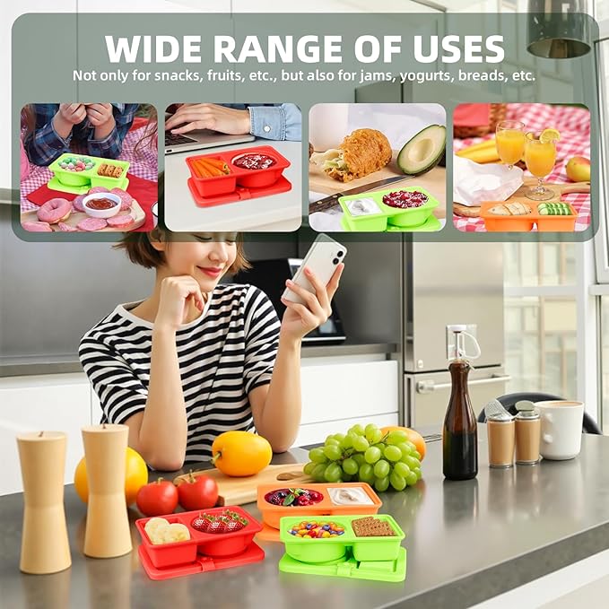 3 Pack Silicone Snackle Containers with Lids, Reusable 2 Compartment Snack Box Containers Salad Dressing Sauce Seasoning Container, Small Mini Food Snack Boxs for Travel, Office, Picnic