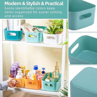Wenqik 12 Pcs Small Plastic Storage Bins Basket with Handles Toy Organizers Pantry Basket Containers for Shelves Home Cupboard Kitchen Office Bathroom Organization Box(bright, 9.6 x 6.3 x 3.9 Inch)