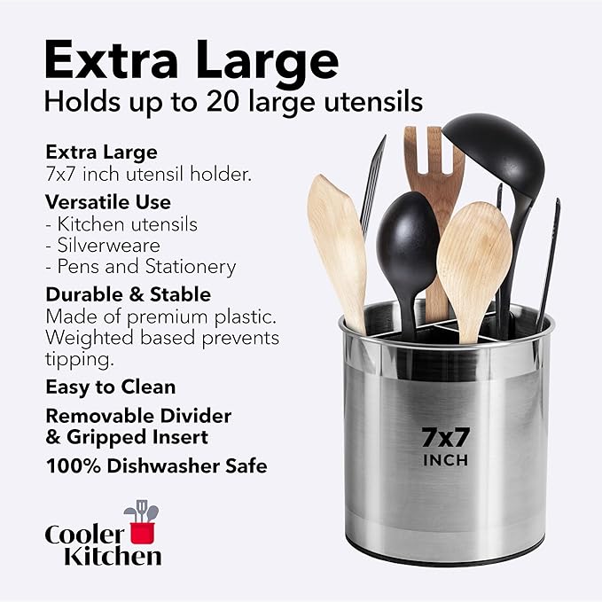Cooler Kitchen Rotating Extra Large Stainless Steel Utensil Holder Caddy with Sturdy No-Tip Weighted Base, Removable Divider, and Gripped Insert Bottom -Dishwasher Safe Metal Cooking Utensil Holder