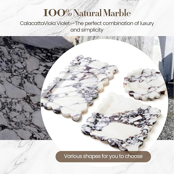 SAMAH Calacatta Viola Natural Marble Tray, Scalloped Storage Dish, Decorative Tray for Bathroom, Vanity, Kitchen & Home Decor, Valentine's Day, Teacher Appreciation Gifts, House Warming Gifts(Square)