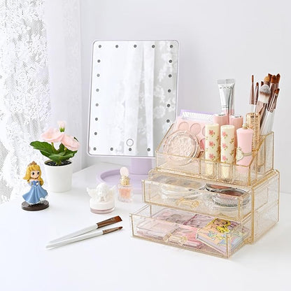 Ikee Design Acrylic Makeup Organizer with 2 Drawers Removable Top Lipstick Holders, Cosmetics Organizer for Skincare, Accessories, Lip Gloss for Vanity or Bathroom Countertop, Gold Glitter
