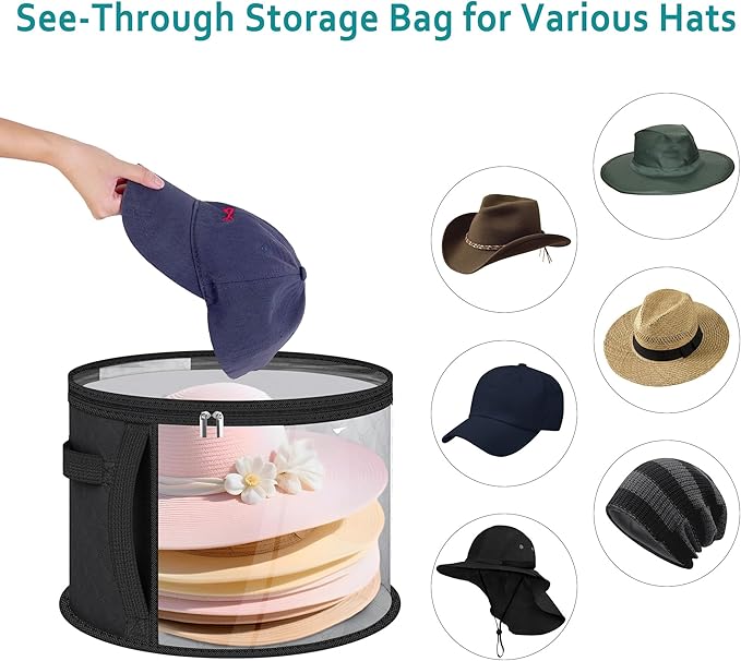 Adorila Clear Hat Storage Bag with Carrying Handles - 16.5" Large Closet Organizer for Baseball Caps, Cowboy Fedoras or Sun Hats (Black)