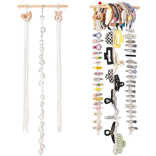 Macrame Hair Claw Clip Organizer with Rotating Hook & 20 Metal Rings, Bohemian Style Hanging Hair Clip Holder for Women Girls, Wall Door Closet Storage & Decorative Claw Clips Hanger (Three belts)