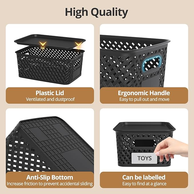 Plastic Storage Bins with Lid, Stackable Small Box Basket for Organizing and Containers for Shelves Drawers Desktop Closet Playroom Pantry Classroom Office Home, 8-pack 10.2x7.2x4.1 Inch, Black