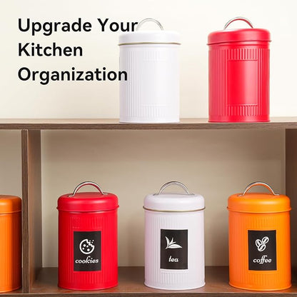 Farmhouse Coffee Canister Storage Container, 42 Oz Vintage Coffee Bean Airtight Jar with Lid, Food Tins with 12 Label Stickers, Kitchen Counter Pantry Organization for Candy Sugar Cookie Tea (Orange)