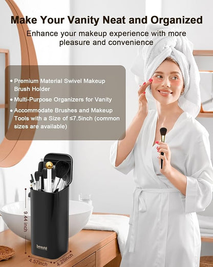 Upgrade Makeup Brush Holder Organizer with Lid, Automatic Lifting Dustproof Makeup Brushes Organizer with 4 Compartments for Vanity，Cosmetic Storage for Dresser Countertop and Bathroom (Black Gold)
