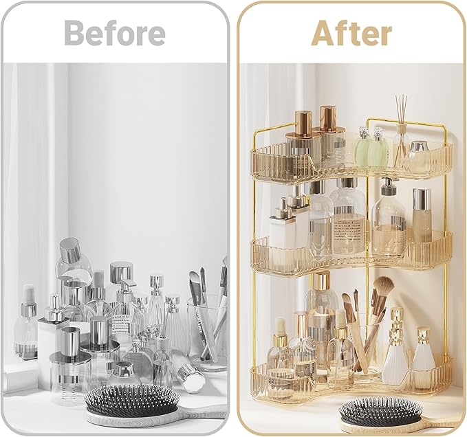 3-Tier Corner Bathroom Counter Organizer, Plastic Bathroom Organizer Countertop, Makeup Organizer for Vanity Perfume Tray Holder for Corner Storage, Amber