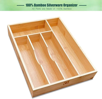 guiogc Bamboo Silverware Drawer Organizer, Silverware Organizer, Silverware Utensil Tray Holder and Cutlery Tray for Flatware and Kitchen Utensils