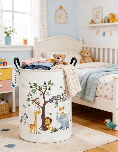 Round Animal Laundry Basket,Collapsible Laundry Hamper for Nursery,Cute Jungle Animal Toy Storage Bin for Kids,Waterproof Storage Basket for Home,Bedroom,Playroom,New Parent Gift (Tree Animals)