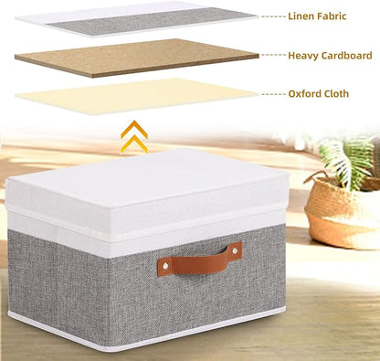 Fabric Storage Bin, Storage Basket with Lids, Closet Organizer Box with Handles for Shoes Books Towels, White and Grey, 1 Pack, 13 x 9.1 x 7.9 Inch
