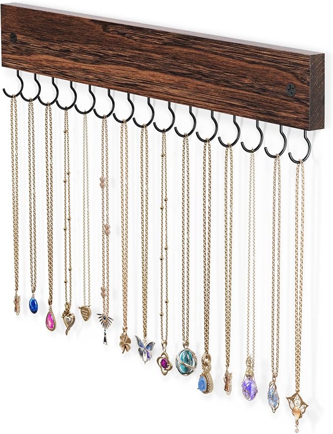 Lolalet Wooden Necklace Holder for Wall with 15 Hooks, Necklaces Hanger Easy Install Wall Mount Necklace Organizer, Jewelry Hangers for Chains, Bracelets, Earrings -Brown