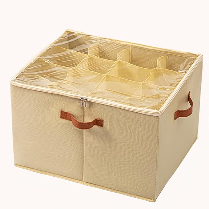 (2 Pack) Shoe Organizer for Closet, Shoe Storage Bins Foldable Shoe Storage Box Containers with Clear Cover and Sturdy Handles,Shoe Rack for Closet Storage for Sneakers Heels Slippers (Beige Medium)