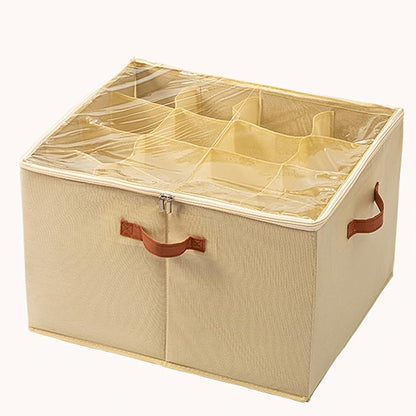(2 Pack) Shoe Organizer for Closet, Shoe Storage Bins Foldable Shoe Storage Box Containers with Clear Cover and Sturdy Handles,Shoe Rack for Closet Storage for Sneakers Heels Slippers (Beige Medium)