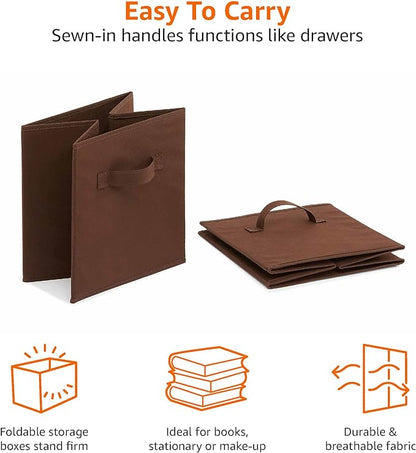 Amazon Basics Collapsible Fabric Storage Bins with Handles, Cube Organizer, Lightweight Fabric, 10.5"x10.5"x11", Brown, 6-Pack
