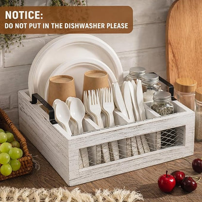 Mimorou Farmhouse Wooden Napkin Paper Plate and Utensil Holder Caddy Kitchen Utensil Holder Farmhouse Rustic Cutlery Flatware Organizer for Party Caddy Spoon Forks Napkins(Distressed White)