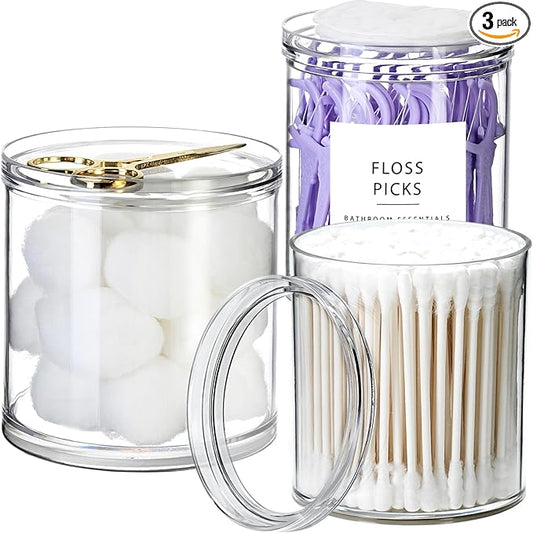SheeChung 3-Pack Clear Stackable Apothecary Jars - (10/12/20oz) Mixed Sizes Qtip Holder Dispenser - Crystal Clear Bathroom Vanity Organizer with Storage Lids for Cotton Balls, Swabs, Floss