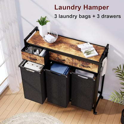 Timberer Laundry Hamper, Laundry Sorter 3 Section, Rolling Laundry Basket with Wheels, 3 Drawers, 3 × 14.5 Gal (55 L), Pull-Out and Removable Oxford Fabric Bags, Black and Rustic Brown