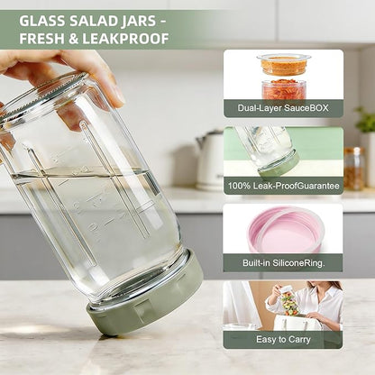 6 Pack Glass Salad Jars with Dressing Cups for Meal Prep, 32oz Leakproof Mason Jars Container with 2 Built-in Compartments for Wet/Dry Separation, Portable Salad Pod for Lunch (6)
