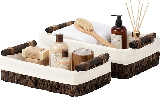 StorageWorks Small Baskets for Organizing with Wooden Handles and Liner, Wicker Toilet Paper Baskets for Back of Toilet Basket, Brown Water Hyacinth Bathroom Basket Organizer and Storage, 2 Pack
