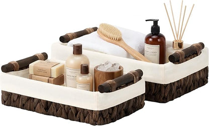 StorageWorks Small Baskets for Organizing with Wooden Handles and Liner, Wicker Toilet Paper Baskets for Back of Toilet Basket, Brown Water Hyacinth Bathroom Basket Organizer and Storage, 2 Pack