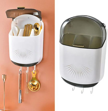 Hanging Plastic Chopstick Holder, 3 Compartments Wall Mounted Utensil Rack Draining Utensil Storage Cutlery Holder with Cover and Hook for Kitchen Countertop(White)