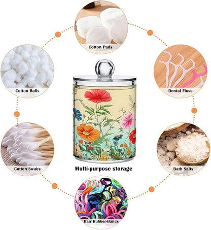 4 Pack Qtip Holder Dispenser Dragonfly Butterfly Tulip Flower Cotton Ball Swab Round Pads Floss Clear Bathroom Storage Containers Plastic Apothecary Jars with Lids
