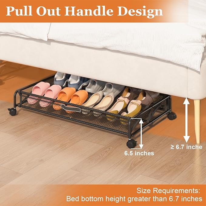 Under Bed Shoes Storage, 2 Pack Rolling Under-bed Storage Containers with Wheels, Under Bed Shoe Organizer Breathable Mesh Fabric with Metal Frame