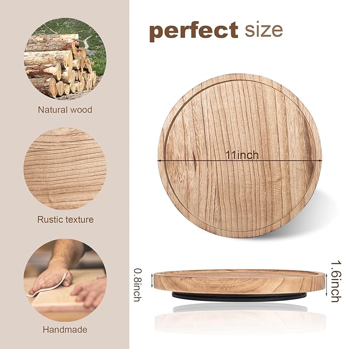 Wood Lazy Susan Organizer Kitchen Turntable for Cabinet Farmhouse Bathroom Decor Round Decorative Tray for Vanity, Counter, Sink, Coffee Table, 11 Inch, Brown