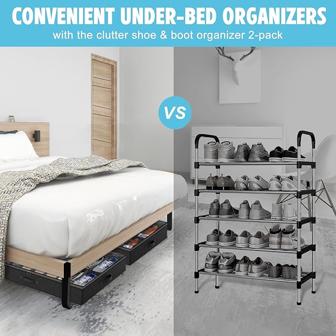 Under Bed Shoe Storage Organizer for Closet, 32 Pairs Sturdy Underbed Shoe Storage Boxes Bins Container Foldable Shoes Storage with Reinforced Handles & Clear Window for College Dorms Black, Set of 2