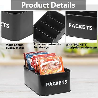 BSTKEY Seasoning Packet Organizer, Food Storage Organizer with Divided 4 Compartments, Metal Storage Caddy for Kitchen Pantry Cabinet, Kitchen Organization Bin for Snacks Spice Packets, Black