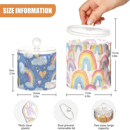 2 Pack Qtip Dispenser Apothecary Jars with Lids Cotton Round Holder Bathroom Canisters for Cotton Swab Floss Ball Pads Clear Plastic Decorative White Blue Rainbow Heart Clouds