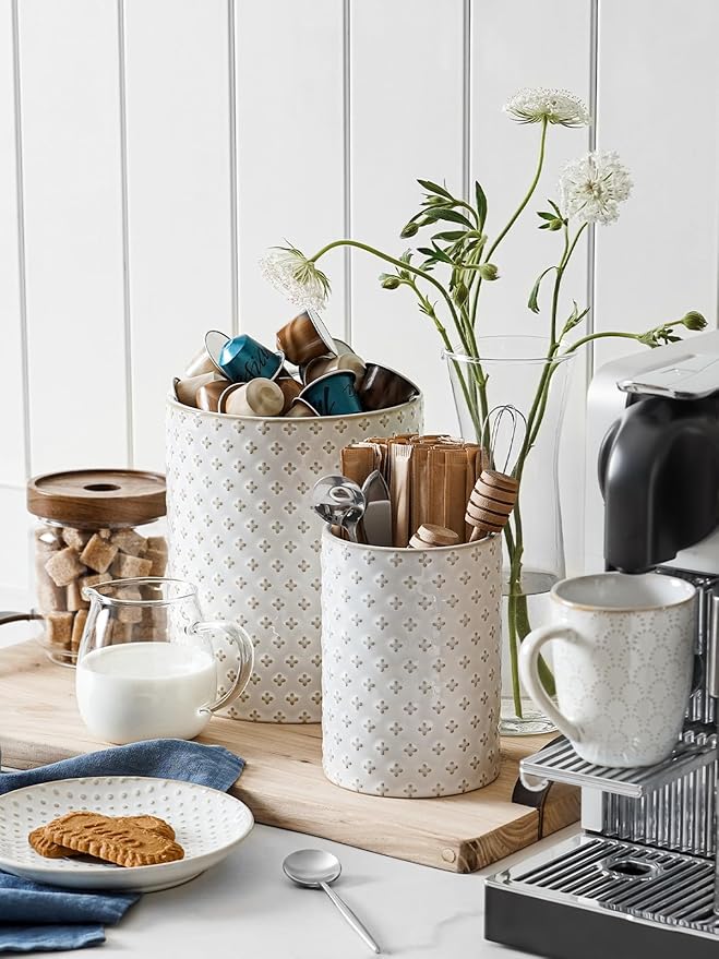LE TAUCI Utensil Holder for Kitchen Counter - 7.1" Large Ceramic Kitchen Utensil Holder, Embossed Cooking Utensil Crock for Spatula, Spoon - Farmhouse Kitchen Decor & Organizer, White, Clover