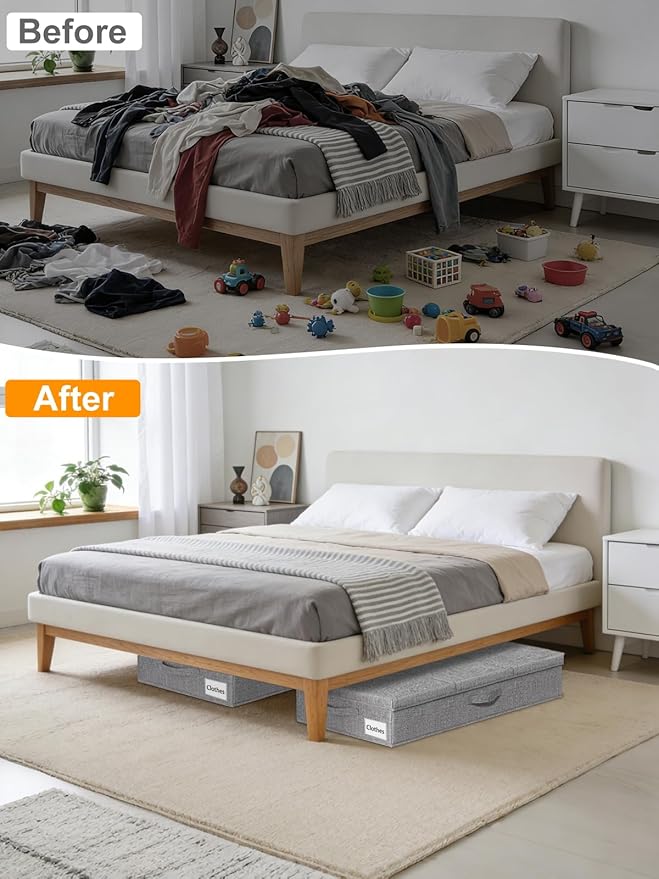 punemi Under Bed Storage With Lids, 2 Pack Large Underbed Storage Containers Clothes W/ 3 Handles, Foldable Low Profile Stackable Drawer Organizer Bins Box for Blanket Shoe Bedroom, 31.1*15.7*6inch