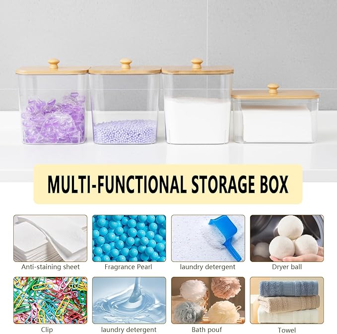 TeSabMi Laundry Storage Containers - Large Detergent Powder Storage with Wooden Lids & Labels, Laundry Pods Holder for Scent Booster, Powder & Pods, Laundry Room Organization 3+1 Pack