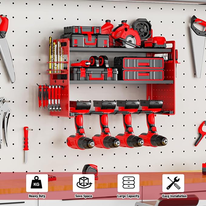Modular Power Tool Organizer Wall Mount, Garage Drill Storage Shelf with Hooks, Heavy Duty Metal Premium Garage Tool Shelf, Gift for Man Cordless Tool Storage Rack (Red)