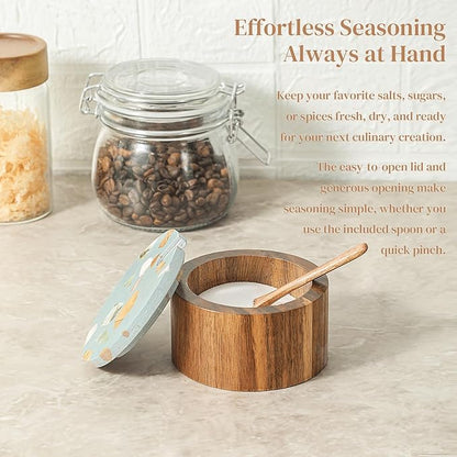 Wooden Salt Cellar with Marble Lid,Salt Container Box Bowl for Countertop,Elegant Salt Holder Jar Dish with Spoon,Kitchen Seasoning Containers for Salt Pepper Sugar Spice Storage,6OZ