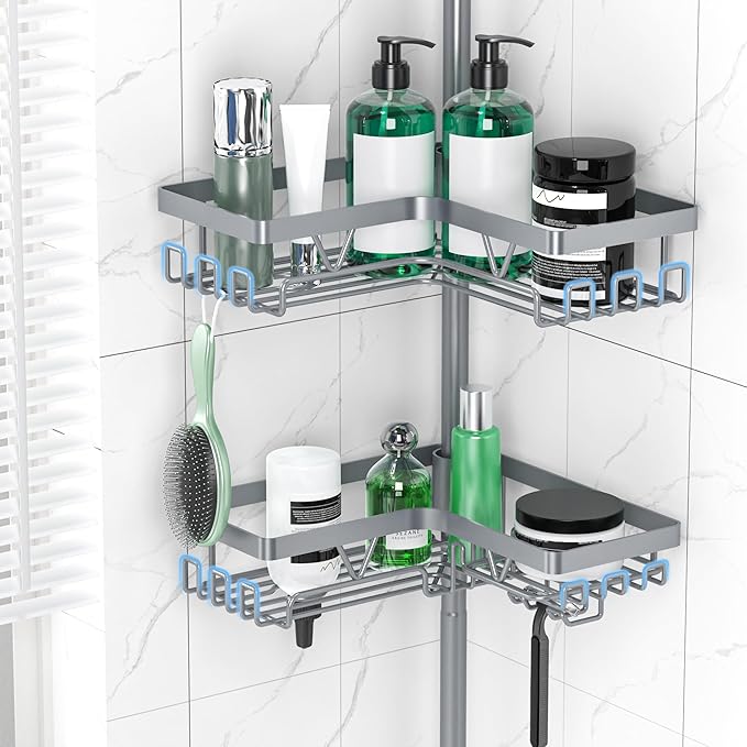 DAOYA Corner Shower Caddy Tension Pole, 4-Tier Rustproof Adjustable Bathroom Organizer for Renters, 25–114.2 Inch for Bathtub Shampoo Storage, Light Gray