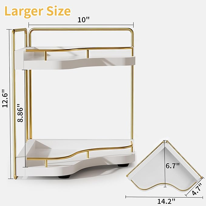 2-Tier Corner Bathroom Counter Organizer with Embedded Screw Holes, Secure & Stable Wood Vanity Shelf for Makeup and Skincare Essentials - Space Saving Bathroom Countertop Storage, White Gold