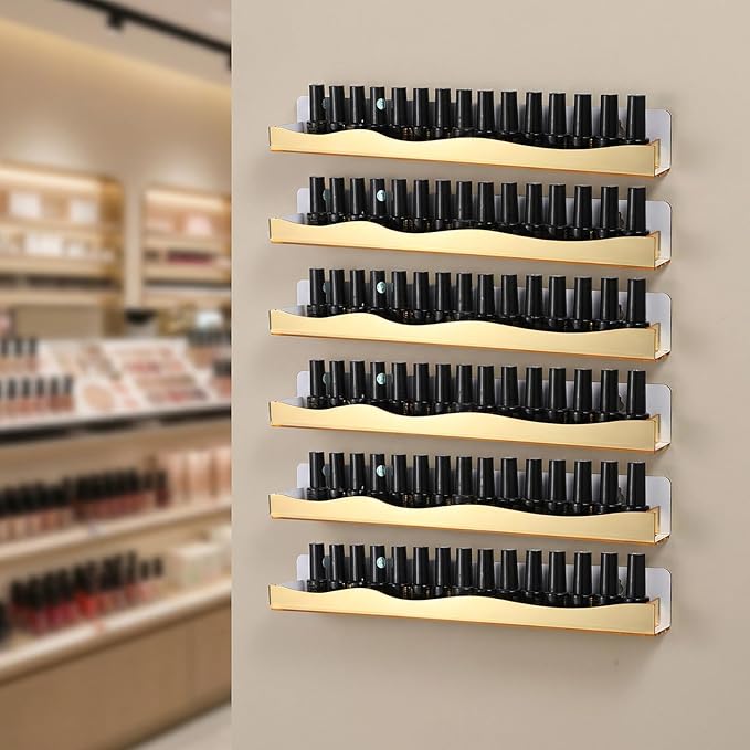 6 Pack Wall Mounted Nail Polish Organizer Rack, 15 Inch Gold Mirror Nail Polish Shelf with Stopper Multi-Purpose Shelf for Essential Oils Cosmetics Storage Display Rack for Salon Bathroom