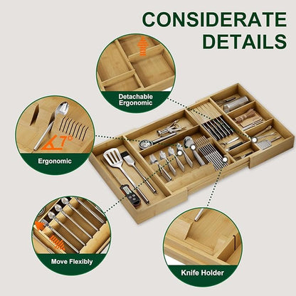 Bamboo Silverware Drawer Organizer, 17.72-29.53 Inch Expandable Large Kitchen Drawer Organizer, 5-8 Slot Flatware with Removable Card Slots & Knife Block for Spoon Butter Knive, Natural