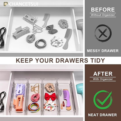 CHANCETSUI Clear Acrylic Drawer Organizer Storage: Stackable Plastic Storage Tray for Makeup and Personal Care, 4 Pieces, 3x9 Inch